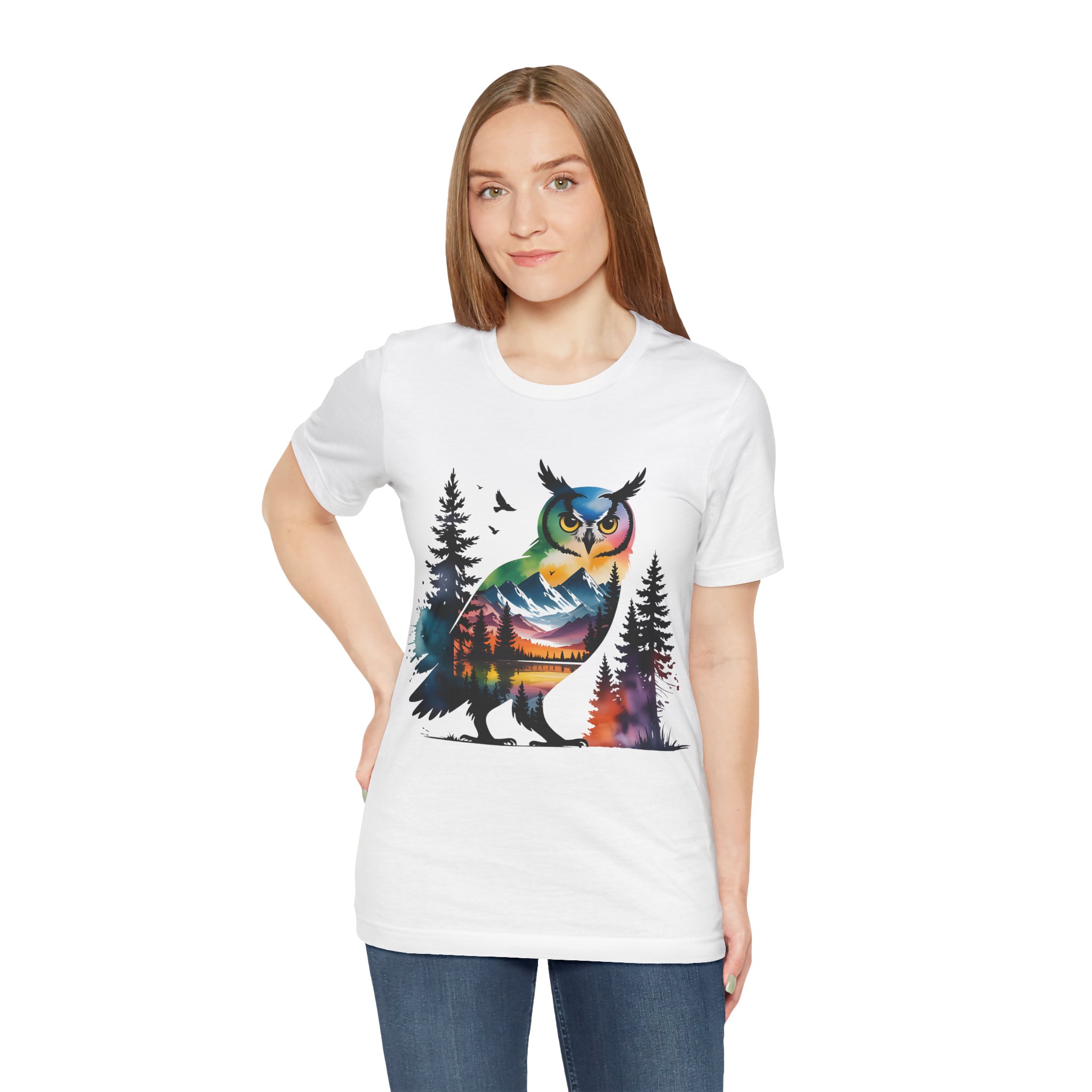 Wild Forest Owl T-Shirt – Watercolor Wildlife Silhouette - Image 3